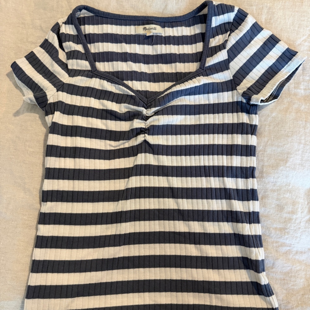 Madewell Navy & White Ruched Stripe Short Sleeve Top